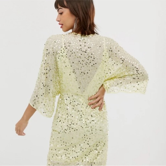💛💛ASOS Yellow Scatter Sequin Knot Front Kimono Sheer MIDI Dress💛💛 - Picture 2 of 5